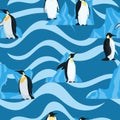 Flat penguins on blue with waves seamless pattern