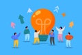 Flat People with Big Light Bulb Idea. Innovation, Brainstorming, Creativity Concept. Characters Working Together on new Royalty Free Stock Photo