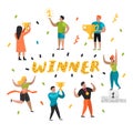 Flat People Characters with Sports Prize, Trophy. Sportsman on Podium. First Place, Winner Cartoon, Awards Ceremony Royalty Free Stock Photo