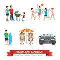 Flat people family on beach backyard: surfer, volleyball, couple Royalty Free Stock Photo