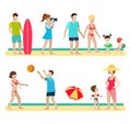 Flat people family on beach sea: surfer, volleyball, couple Royalty Free Stock Photo