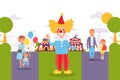 Flat people family at city festival. Clown entertain children with parent on holiday vector illustration. Attractions