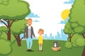 Flat people family, walking at city park with little daughter vector illustration. Man character hold child hand, girl