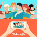 Flat people making selfie phone photo vector Socia