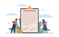 Flat people signing documents. Man and woman sign bilateral agreement, contract conclusion, legal formalities Royalty Free Stock Photo