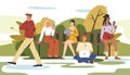 Flat people sitting on bench in city park and using gadgets Royalty Free Stock Photo