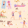 Flat people on summer vacation at beach seamless pattern. Women surfer, relax on a sun lounger, sunbathe, playing and do