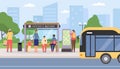 Flat people waiting at city public bus stop. Passengers sitting and standing at station, bus arriving. Urban travel Royalty Free Stock Photo