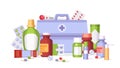 Flat pharmacy group of medicine blisters, containers and bottles. Remedy vials, pills, drugs and vitamin tablets