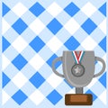 Flat photo photo of Trophy Cup with Handles and Wooden Base with Blank Plaque Decorated by Silver Medal with Striped Royalty Free Stock Photo