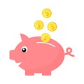 Flat pig and gold coin isolated on white background. Piggybank illustration concept. bank economy Royalty Free Stock Photo