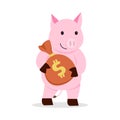 Flat pig holding money bag cartoon design with isolatd white background.Vector illustration.Character pig with money. Royalty Free Stock Photo
