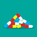 Flat pile of capsule pills. Isolated medicine vector illustration. Drug or painkiller concept.