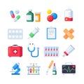 Flat pill icons. Medication dose of drug for treatment. Medicine bottle and pills in blister packs cartoon icon set