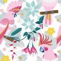 Flat Pink Parrots and Exotic Flowers Pattern Royalty Free Stock Photo