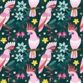 Flat Pink Parrots and Exotic Flowers Pattern Royalty Free Stock Photo