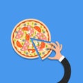 Flat pizza with hand in cartoon style