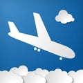 flat plane arrival icon and paper clouds on blue air background