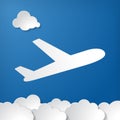 flat plane departure icon and paper clouds on blue air background