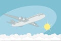 Flat plane flies in the blue sky above the clouds. Vector illustration Royalty Free Stock Photo
