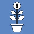 Flat, potted money dollar flower. Abstract monetary success illustration. White, isolated on blue Royalty Free Stock Photo