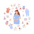 Flat pregnant woman on white baby background.