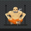 Flat Prisoner. Man in orange prison clothes sitting on a bench with chain and smoke - vector illustration Royalty Free Stock Photo