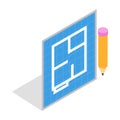 Flat project and pencil icon, isometric 3d style