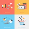 Flat promote, review goods, sales stats, shopping cart vector Royalty Free Stock Photo