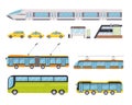 Flat public city land transport and yellow taxi car. Urban vehicles and bus stop. Cartoon trolleybus, underground train