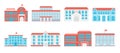 Flat public school buildings icons. Urban education center, university or college building. City architecture graphic