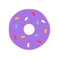 Flat purple glazed donut with colorful sprinkles.