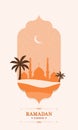 Flat Ramadan Kareem background template with Mosque, stars, moon, and palm tree for instagram stories and greetings card