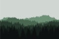 Flat realistic illustration of a green mountain landscape with coniferous forest with trees and hills under a gray sky, vector Royalty Free Stock Photo