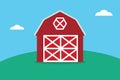 A flat red barn on the top of green land mountain Royalty Free Stock Photo