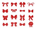 Flat red bows. Scarlet bow ribbons silhouettes, cartoon holiday presents and christmas gifts knot icons Royalty Free Stock Photo