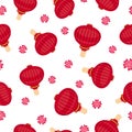 Flat red  Chinese lanterns with pink flowers on white background. Seamless winter light pattern. Royalty Free Stock Photo