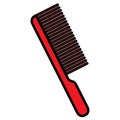 Flat red icon is a simple fashionable glamorous comb with a pen and teeth, a hairdresser`s tool for making hair and beauty