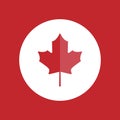 Flat red maple leaf with little stem in white circle. Vector icon. Isolated on red. Autumn single leaf
