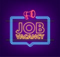 Flat red Megaphone with Job vacancy. Neon icon. Vector illustration.