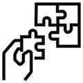 a hand icon taking one of four puzzle pieces. black and white color outline Royalty Free Stock Photo