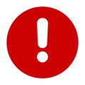 Flat red round exclamation point icon, button. Attention symbol isolated on a white background. Royalty Free Stock Photo