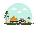 Flat red tractor with a cart hay. The agricultural machinery transports for farm with haystack - vector illustration