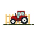Flat red tractor with fence on white background - vector illustration. Agricultural transport for farm. Farming vehicle