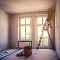 Flat renovation concept, blur image of a person on ladder renovate room