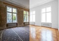 Flat renovation, empty room before and after refurbishment or restoration Royalty Free Stock Photo