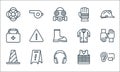 Flat rescue and protective line icons. linear set. quality vector line set such as ear plug, ear protection, cone, life jacket,