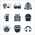 Flat rescue and protective line icons. linear set. quality vector line set such as ear protection, welding mask, safety mask, Royalty Free Stock Photo