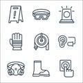 Flat rescue and protective line icons. linear set. quality vector line set such as fire button, boot, safety mask, ear plug, fire