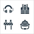 Flat rescue and protective line icons. linear set. quality vector line set such as helmet, road block, life vest